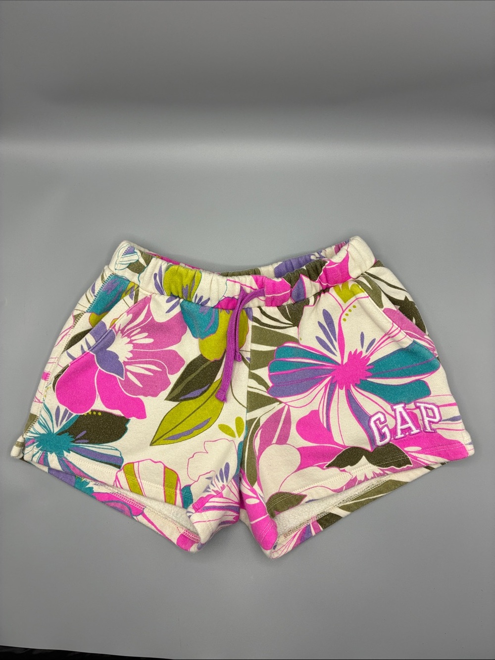 GAP Girls Floral Drawstring Shorts - Pink, Teal, Lime, Olive on Cream